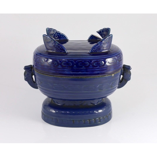 119 - A Chinese Imperial blue glazed ritual offering vessel and cover, gui, moulded Qianlong seal mark and... 