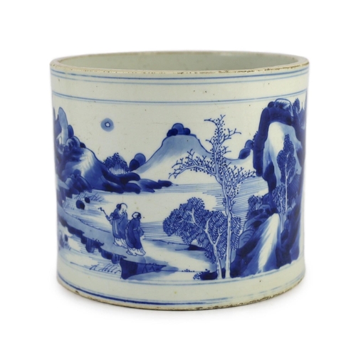 121 - A Chinese blue and white landscape brushpot, bitong, Kangxi period, painted to rectangular reserve... 