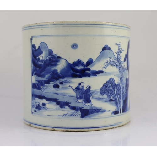 121 - A Chinese blue and white landscape brushpot, bitong, Kangxi period, painted to rectangular reserve... 