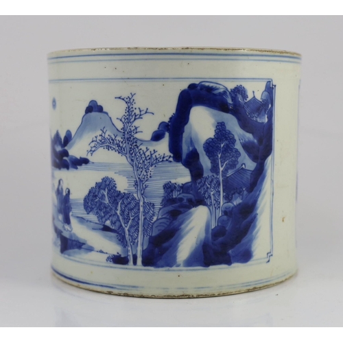 121 - A Chinese blue and white landscape brushpot, bitong, Kangxi period, painted to rectangular reserve... 