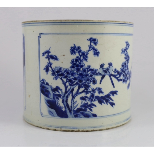 121 - A Chinese blue and white landscape brushpot, bitong, Kangxi period, painted to rectangular reserve... 