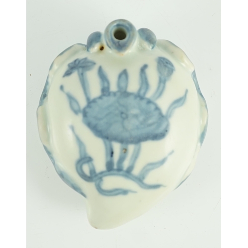 122 - A Chinese Ming blue and white peach form waterdropper, applied with scrolling tendrils and a small s... 