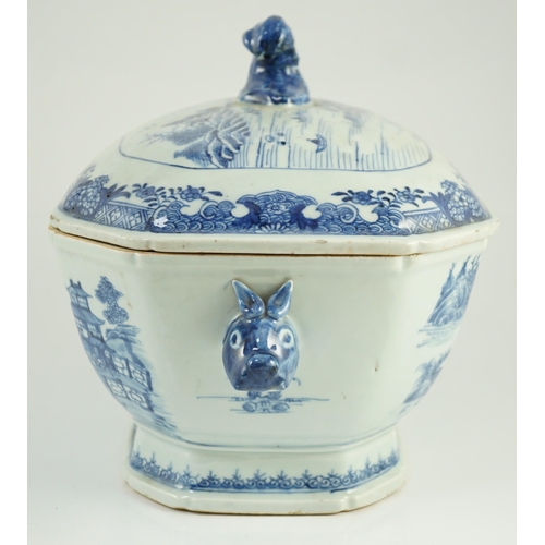 123 - A Chinese blue and white tureen and cover, Qianlong period, typically painted with figures in river ... 