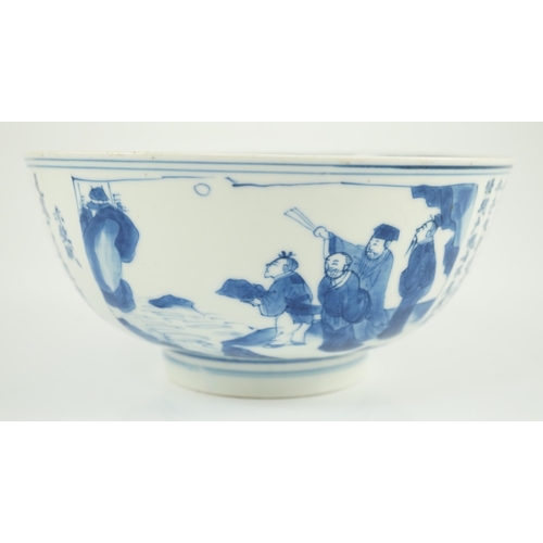 124 - A Chinese blue and white inscribed Ode to the Red Cliff bowl, Kangxi period, painted with Su Shi a... 