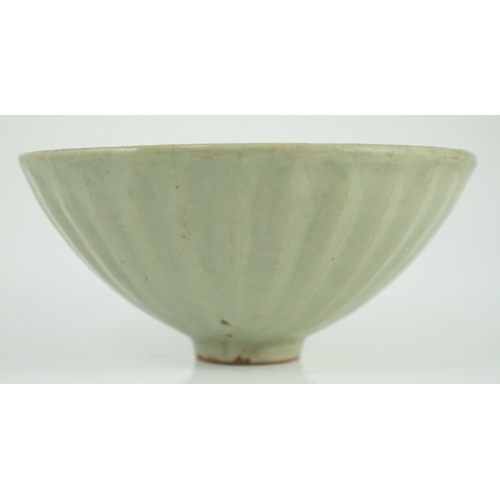 125 - A Chinese Longquan celadon petal lobed bowl, Southern Song dynasty, fine crackle to the glaze, burnt... 