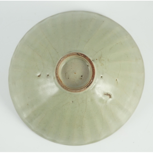 125 - A Chinese Longquan celadon petal lobed bowl, Southern Song dynasty, fine crackle to the glaze, burnt... 