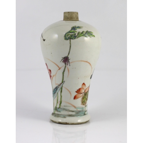 127 - A Chinese famille rose baluster crane and lotus meiping, Yongzheng period, finely painted with two... 