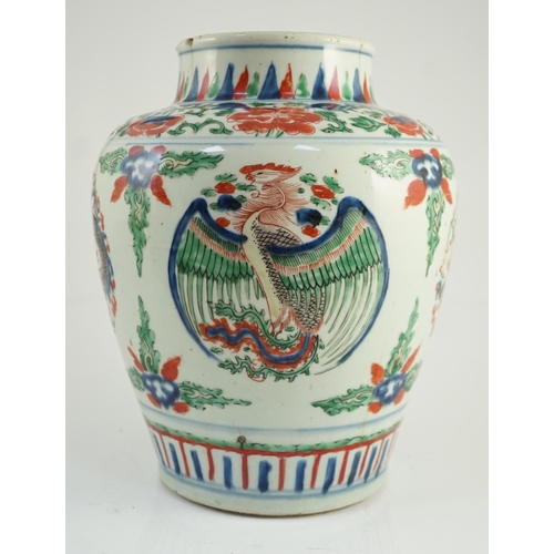 130 - A Chinese Transitional wucai dragon and phoenix roundel vase, 17th century, the roundels between f... 