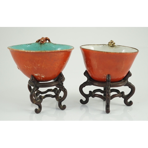 132 - Two similar Chinese coral ground libation cups, late 18th/early 19th century, each of oval tapering ... 