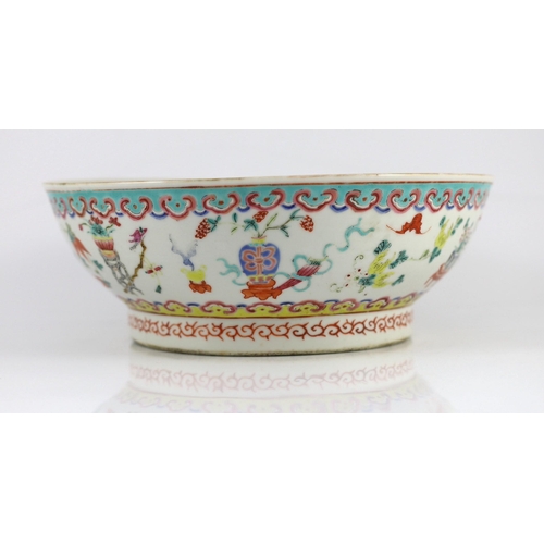 136 - A Chinese famille rose antiques and auspicious objects bowl, Chenghua mark, late 19th century, the... 