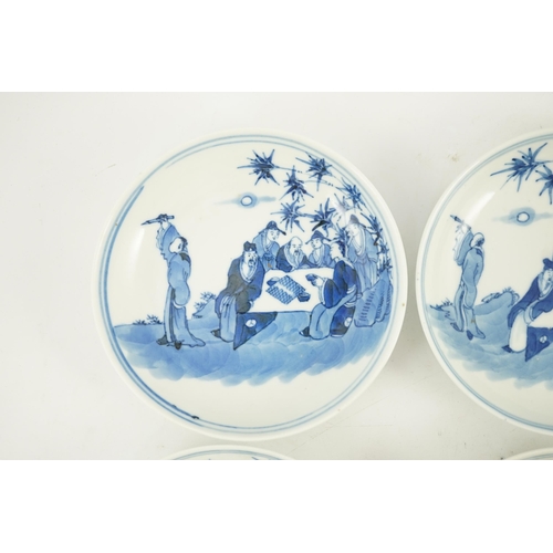 141 - A set of six Chinese Seven Sages of the Bamboo Grove saucer dishes, Kangxi marks but late 19th cen... 