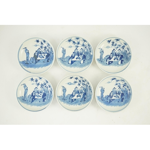 141 - A set of six Chinese Seven Sages of the Bamboo Grove saucer dishes, Kangxi marks but late 19th cen... 