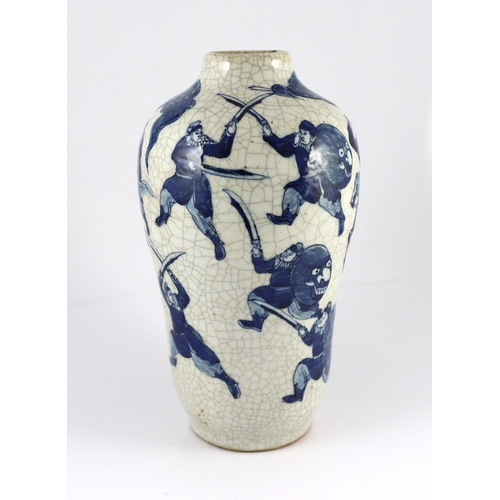 144 - A Chinese blue and white crackle glaze warriors vase, late 19th century, moulded and painted with ... 