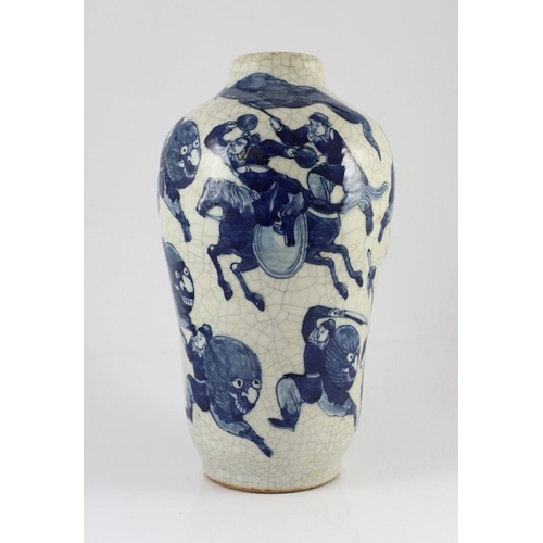 144 - A Chinese blue and white crackle glaze warriors vase, late 19th century, moulded and painted with ... 