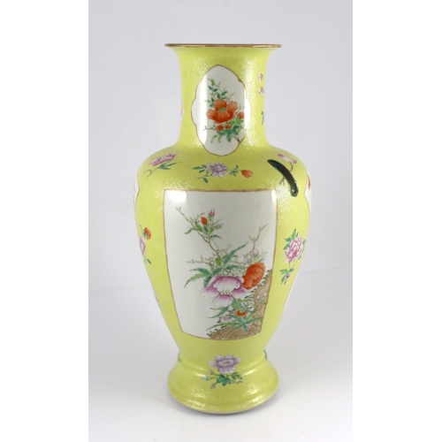 146 - A Chinese yellow sgraffito ground vase, Qianlong seal mark but Republic period, enamelled with peoni... 