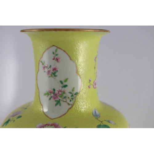 146 - A Chinese yellow sgraffito ground vase, Qianlong seal mark but Republic period, enamelled with peoni... 