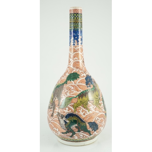 154 - A Chinese famille verte mythical creatures bottle vase, 19th century, painted in colours with vari... 