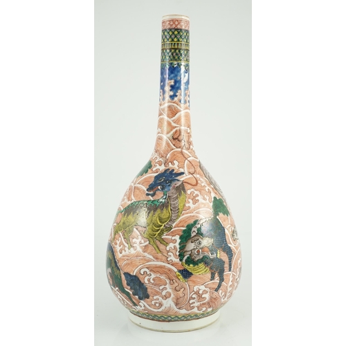 154 - A Chinese famille verte mythical creatures bottle vase, 19th century, painted in colours with vari... 