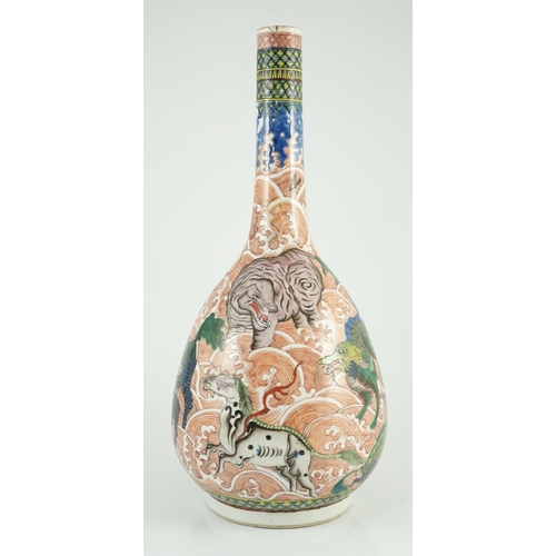 154 - A Chinese famille verte mythical creatures bottle vase, 19th century, painted in colours with vari... 