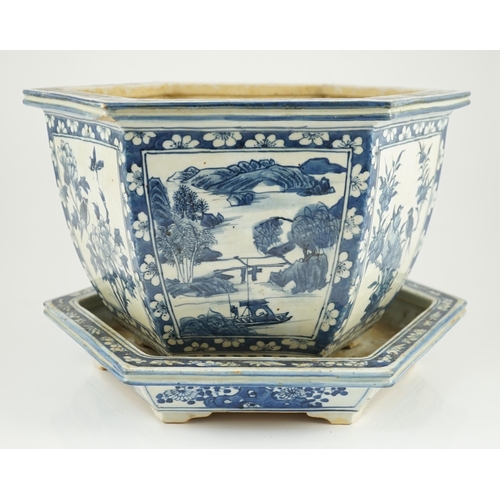 156 - A Chinese hexagonal blue and white planter and underdish, 19th century, painted with alternating pan... 