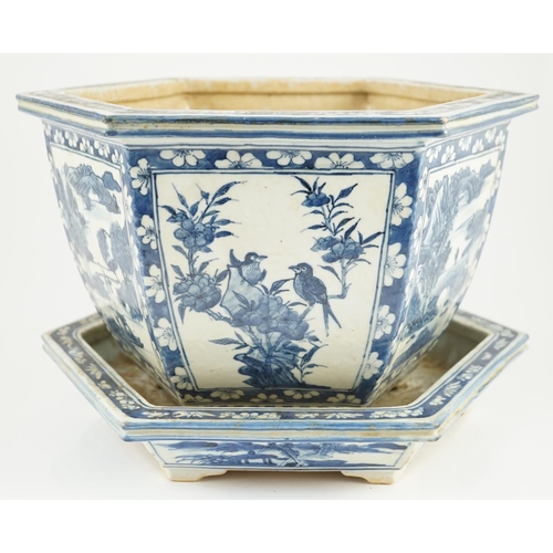 156 - A Chinese hexagonal blue and white planter and underdish, 19th century, painted with alternating pan... 