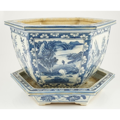 156 - A Chinese hexagonal blue and white planter and underdish, 19th century, painted with alternating pan... 