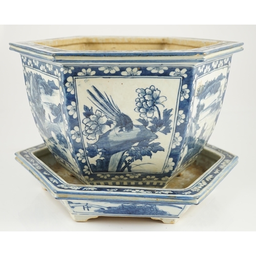 156 - A Chinese hexagonal blue and white planter and underdish, 19th century, painted with alternating pan... 