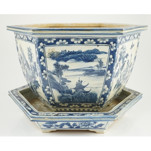 156 - A Chinese hexagonal blue and white planter and underdish, 19th century, painted with alternating pan... 