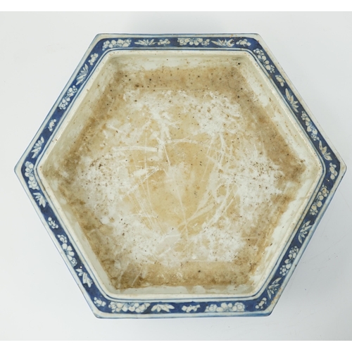 156 - A Chinese hexagonal blue and white planter and underdish, 19th century, painted with alternating pan... 