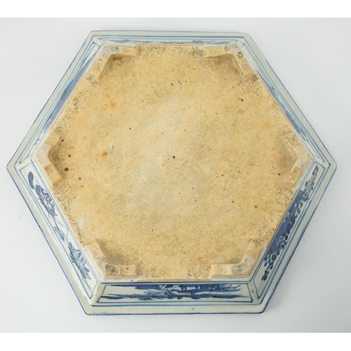 156 - A Chinese hexagonal blue and white planter and underdish, 19th century, painted with alternating pan... 