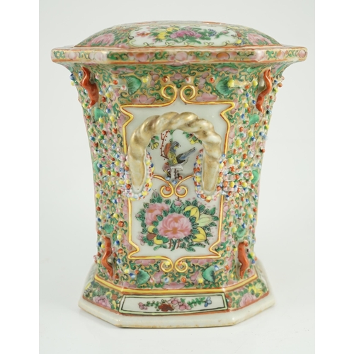 159 - A Chinese Canton (Guangzhou) famille rose decorated bough pot and cover, c.1830, painted with reserv... 