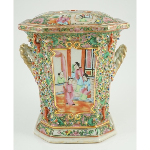 159 - A Chinese Canton (Guangzhou) famille rose decorated bough pot and cover, c.1830, painted with reserv... 