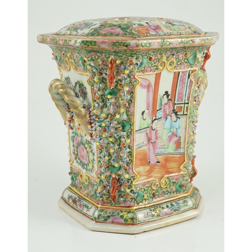 159 - A Chinese Canton (Guangzhou) famille rose decorated bough pot and cover, c.1830, painted with reserv... 