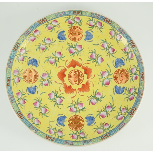 160 - A Chinese yellow ground peaches and bats dish, Republic period, enamelled with Shou medallions, ir... 