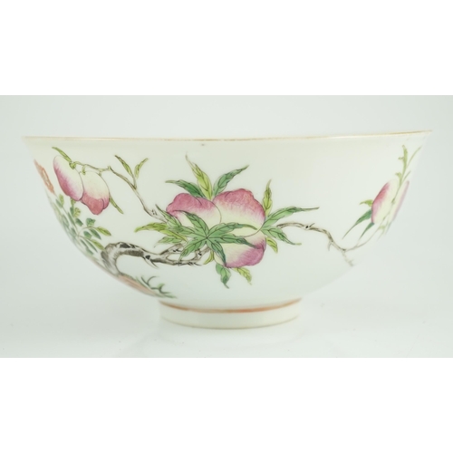 161 - A Chinese famille rose bowl, Guangxu period, painted with rocks, linzghi fungus, a fruiting peach tr... 