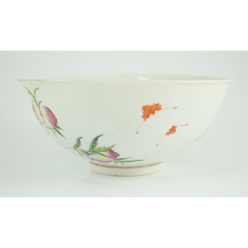 161 - A Chinese famille rose bowl, Guangxu period, painted with rocks, linzghi fungus, a fruiting peach tr... 