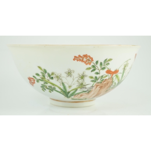 161 - A Chinese famille rose bowl, Guangxu period, painted with rocks, linzghi fungus, a fruiting peach tr... 