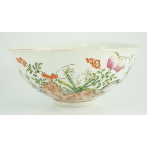 161 - A Chinese famille rose bowl, Guangxu period, painted with rocks, linzghi fungus, a fruiting peach tr... 