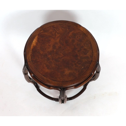 176 - A Chinese hongmu and burr wood small stool, 19th century, the circular the inset top above a pierced... 