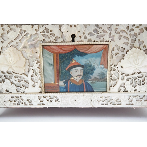 177 - A rare Chinese export mother-of-pearl and reverse painted glass mounted casket, late 18th century, t... 