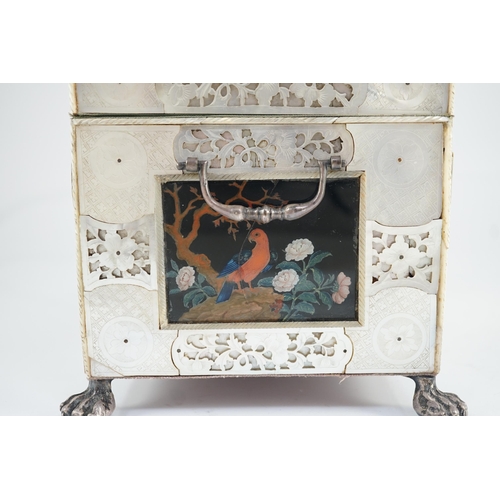 177 - A rare Chinese export mother-of-pearl and reverse painted glass mounted casket, late 18th century, t... 