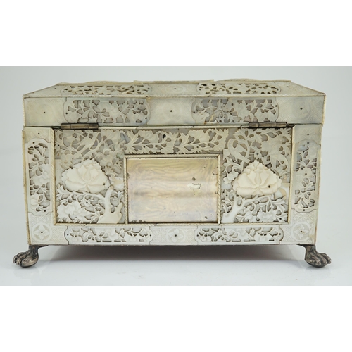 177 - A rare Chinese export mother-of-pearl and reverse painted glass mounted casket, late 18th century, t... 