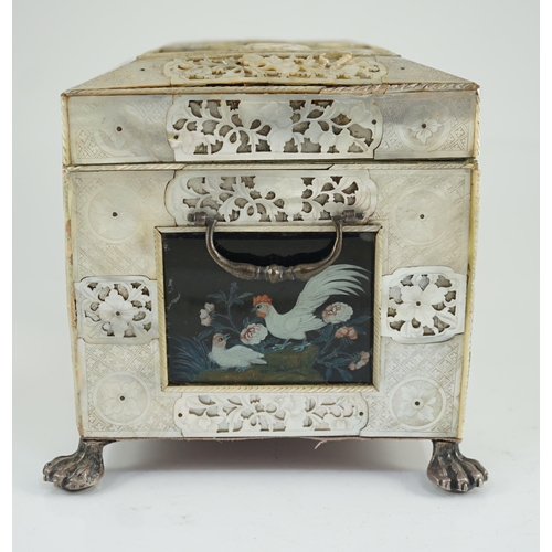 177 - A rare Chinese export mother-of-pearl and reverse painted glass mounted casket, late 18th century, t... 