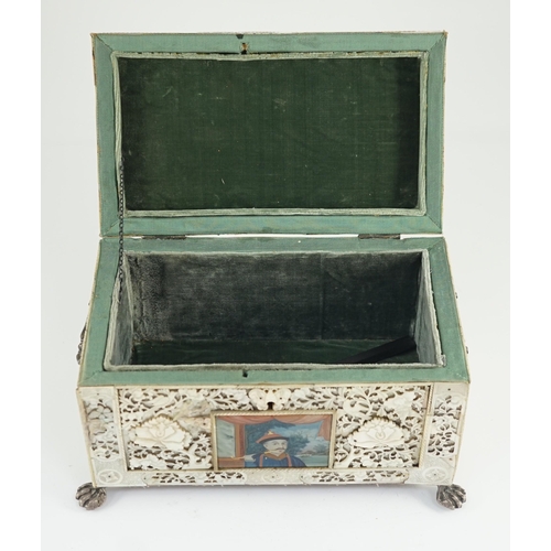 177 - A rare Chinese export mother-of-pearl and reverse painted glass mounted casket, late 18th century, t... 