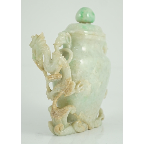 180 - A Chinese jadeite 'dragon' vase and cover, late 19th/early 20th century, carved in high relief and o... 