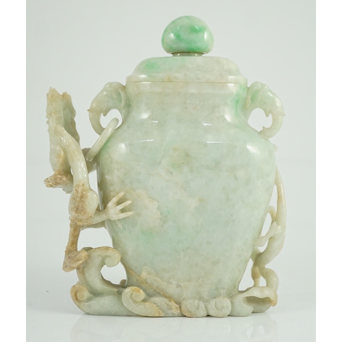 180 - A Chinese jadeite 'dragon' vase and cover, late 19th/early 20th century, carved in high relief and o... 