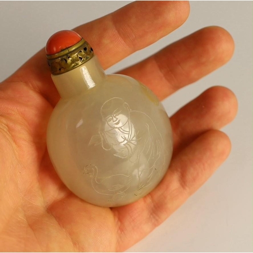 184 - A Chinese agate boys snuff bottle, 19th century of compressed globular form, each side engraved wi... 