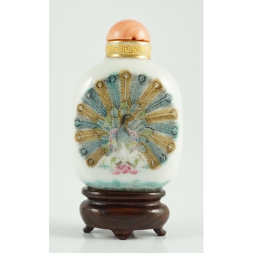 185 - A Chinese enamelled porcelain peacock and dragon snuff bottle, Jiaqing mark and period (1796-1820)... 