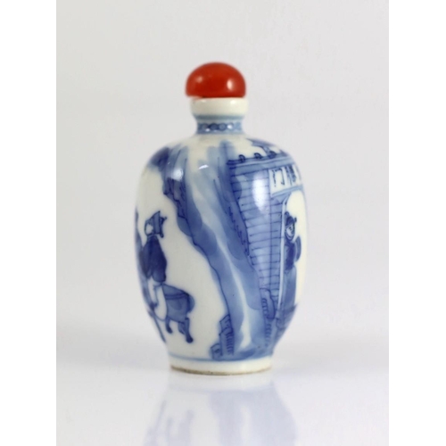 187 - A Chinese blue and white snuff bottle, Yongzheng mark, 1850-1900, painted with dignitaries on horseb... 