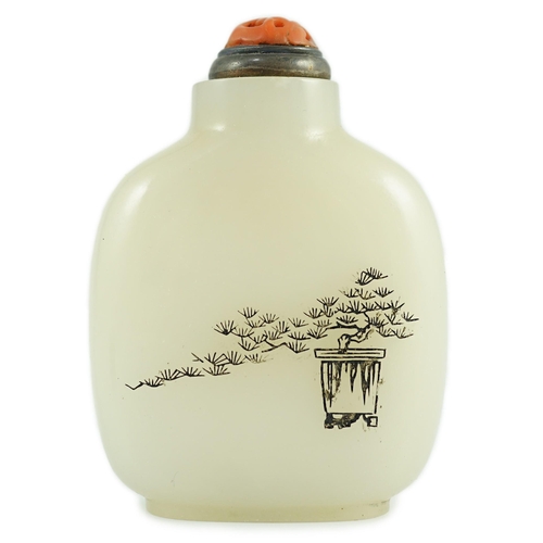 188 - A Chinese inscribed white jade snuff bottle, 19th century, the stone is of good even tone, the bottl... 